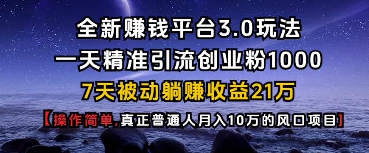 全新赚钱平台3.0玩法一天精准引流创业粉1000.7天被动躺Z收益21W【仅揭秘】-shxbox省心宝盒