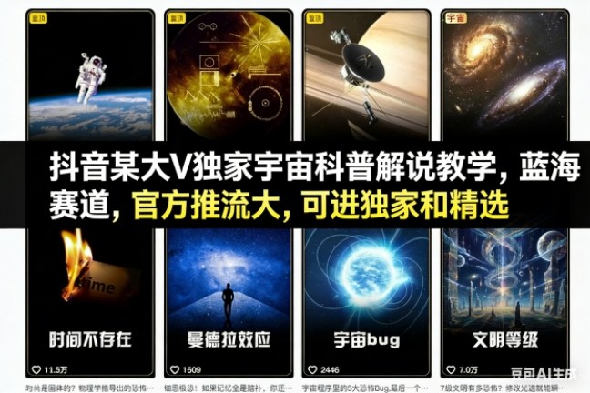 抖音某大V独家宇宙科普解说教学，蓝海赛道，官方推流大，可进独家和精选-shxbox省心宝盒