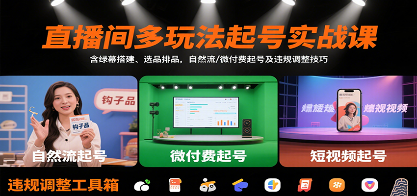 直播间多玩法起号实战课：含绿幕搭建、选品排品，自然流/微付费起号及违规调整技巧-shxbox省心宝盒