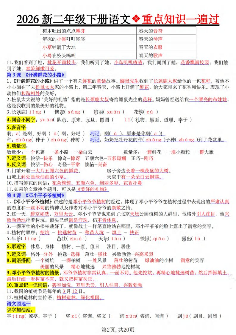 二年级下语文2026春重点知识一遍过-shxbox省心宝盒