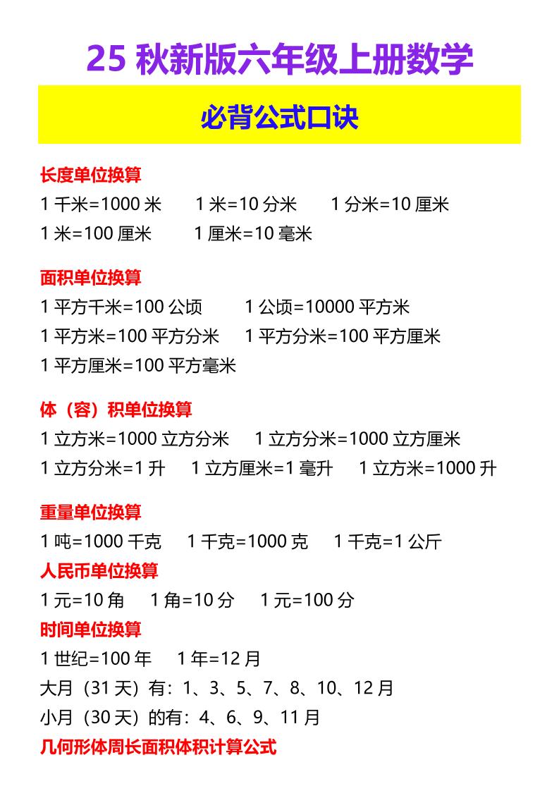 【2025秋新版】六年级上册数学必背公式口诀-shxbox省心宝盒