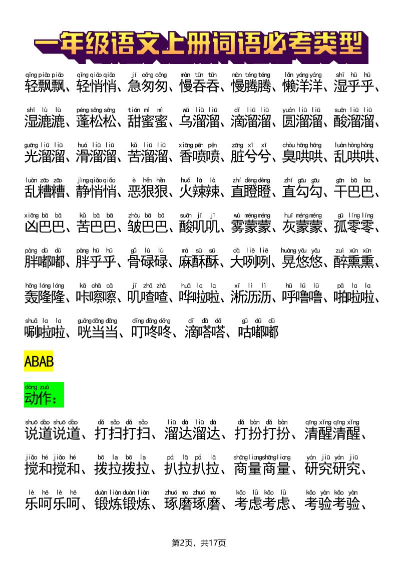 新一上语文词语必考类型(ABB、ABAB、AABB、ABCC、AABC、ABAC、ABCB类词语)17页-shxbox省心宝盒