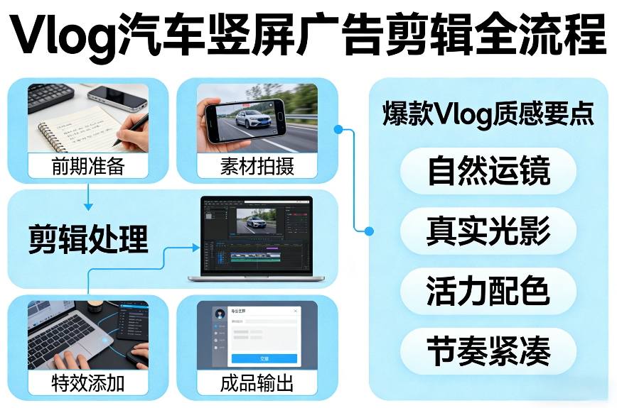 Vlog感觉汽车竖屏广告剪辑脚本全流程，拿捏爆款Vlog质感-shxbox省心宝盒