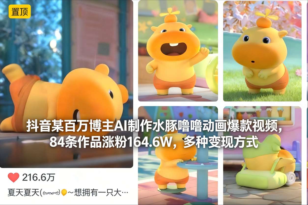抖音某百万博主AI制作水豚噜噜动画爆款视频，84条作品涨粉164.6W，多种变现方式-shxbox省心宝盒