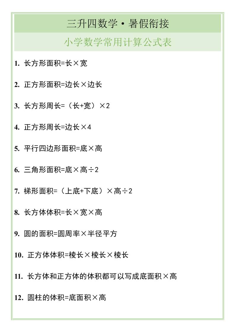 三升四暑假衔接，小学数学常用计算公式表-四上数学-shxbox省心宝盒