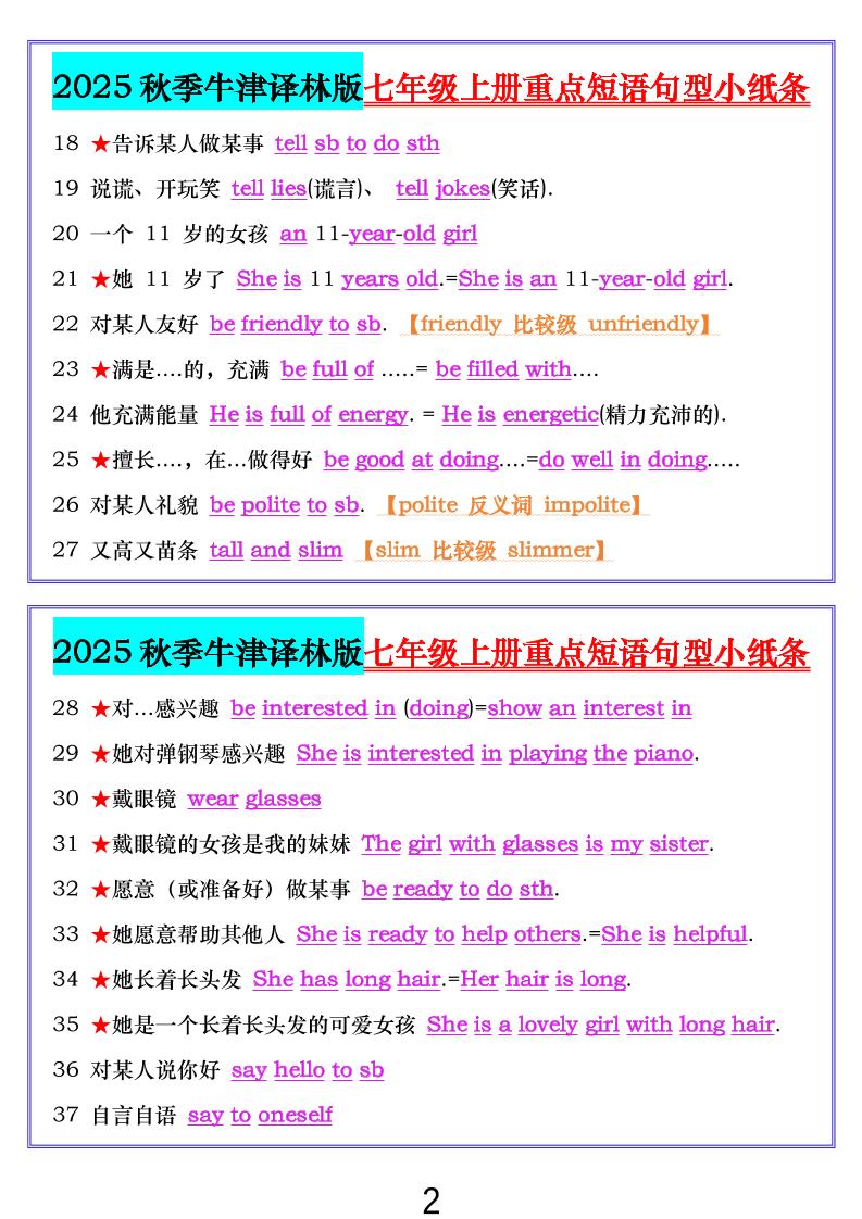 七年级上英语重点短语句型小纸条（牛津译林版）-shxbox省心宝盒