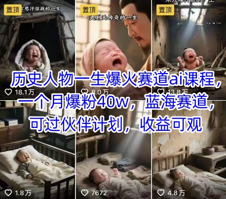 历史人物一生爆火赛道ai课程，一个月爆粉40w，蓝海赛道，可过伙伴计划，收益可观-shxbox省心宝盒