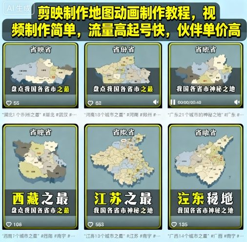 剪映制作地图动画制作教程，视频制作简单，流量高起号快，伙伴单价高-shxbox省心宝盒