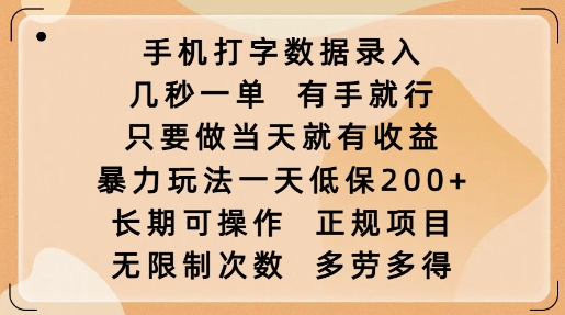 手机打字数据录入，几秒一单，有手就行，只要做当天就有收益，暴力玩法一天低保2张-shxbox省心宝盒