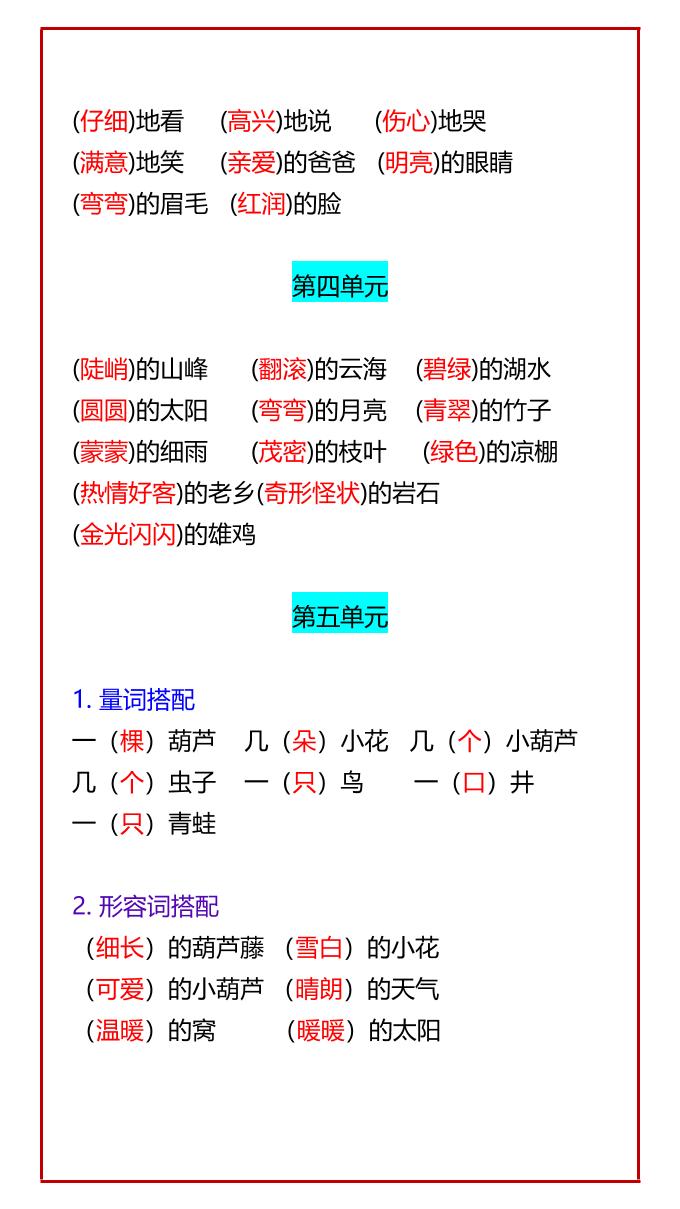 【2025秋新版】二年级语文上册必考知识点：1-8单元词语搭配汇总-shxbox省心宝盒