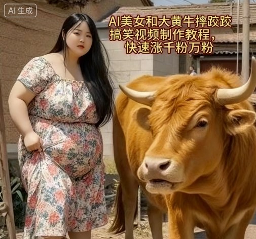 AI美女和大黄牛摔跤搞笑荒诞视频制作教程，快速涨千粉万粉-shxbox省心宝盒
