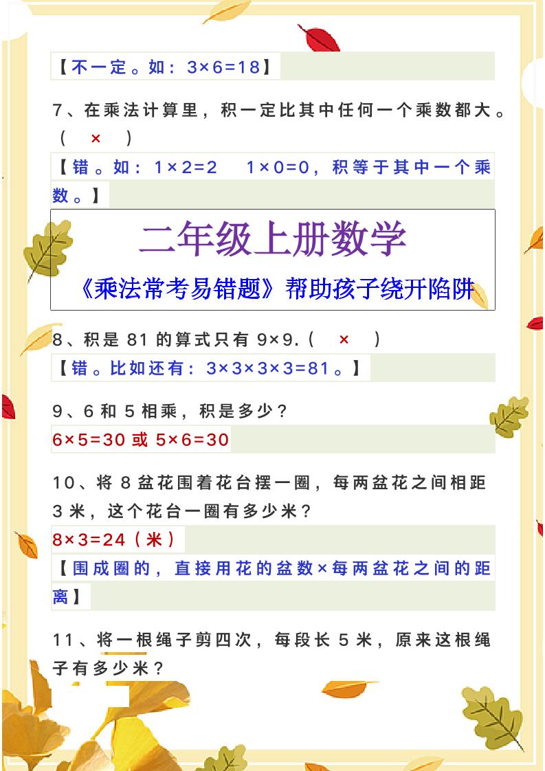 【2025秋新版】二年级上册数学《乘法常考易错题》-shxbox省心宝盒