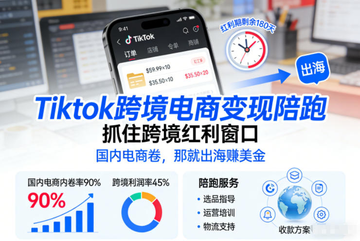 Tiktok跨境电商变现陪跑，抓住跨境红利窗口，国内电商卷，那就出海賺美金-shxbox省心宝盒