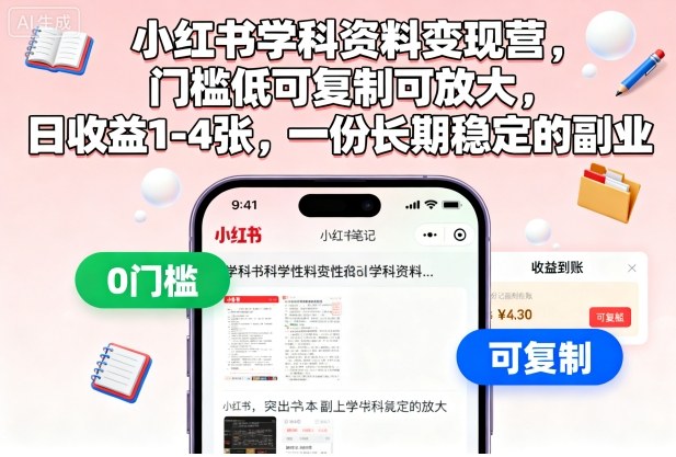 小红书学科资料变现营，门槛低可复制可放大，日收益1-4张，一份长期稳定的副业-shxbox省心宝盒