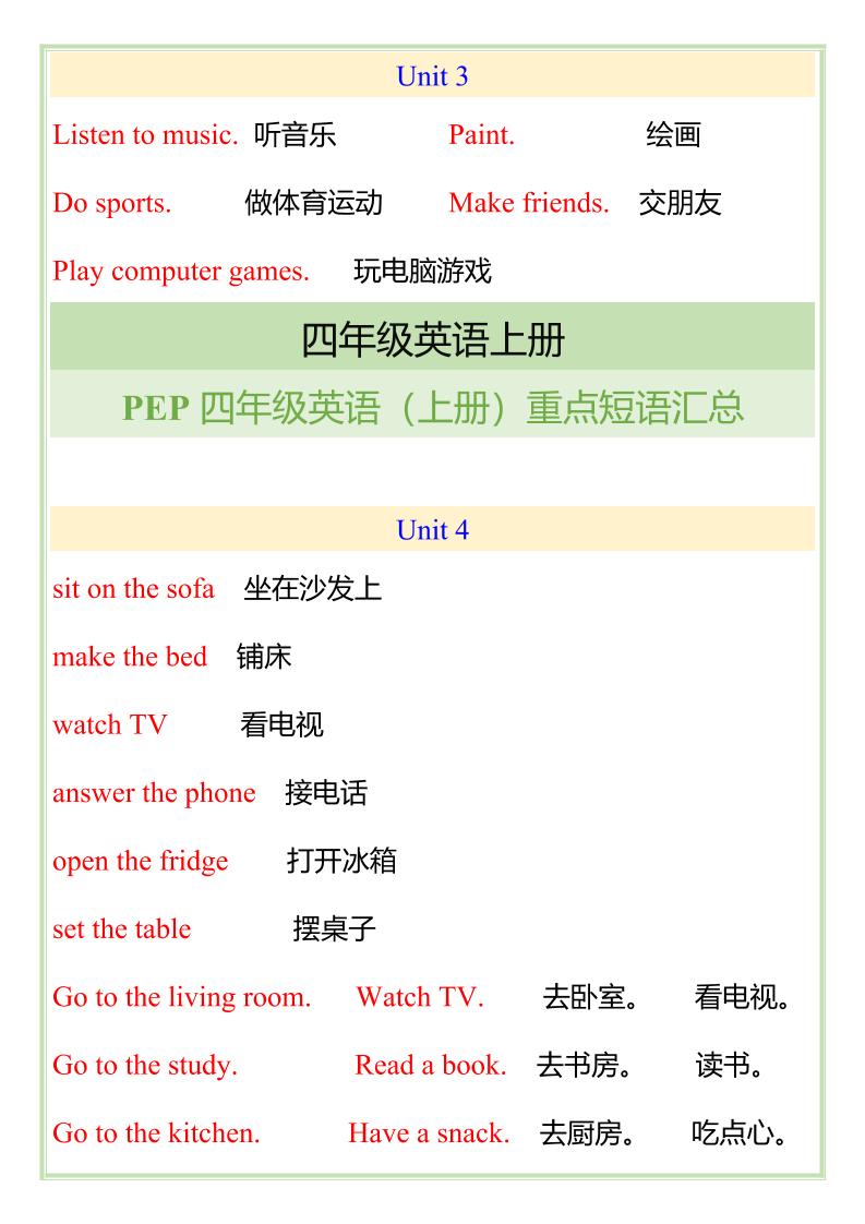 【2025秋新版】四年级英语（上册）重点短语汇总-shxbox省心宝盒