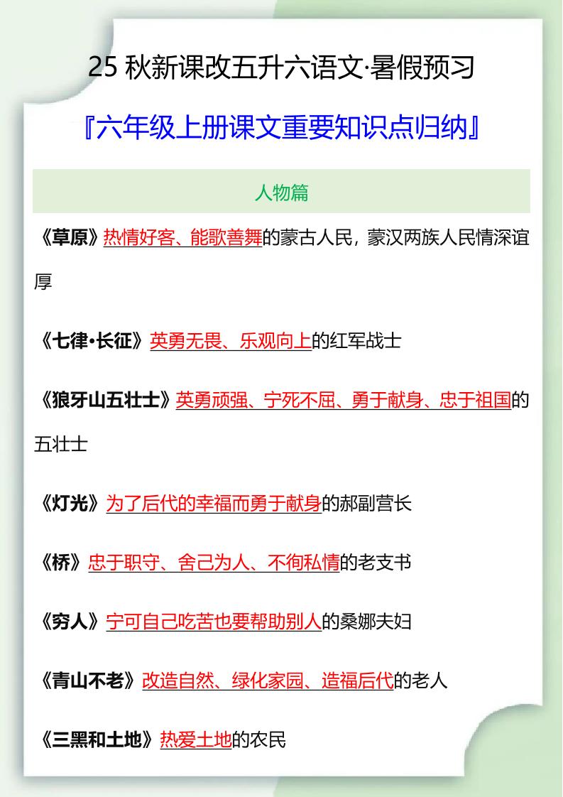 【2025秋新版】六年级语文上册课文重要知识点归纳-shxbox省心宝盒