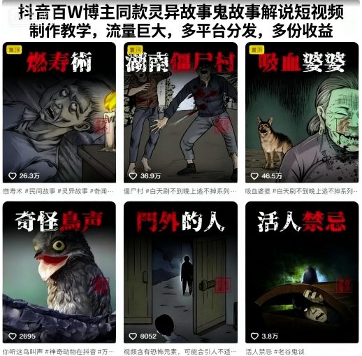 抖音百W博主同款灵异故事鬼故事解说短视频制作教学，流量巨大，多平台分发，多份收益-shxbox省心宝盒