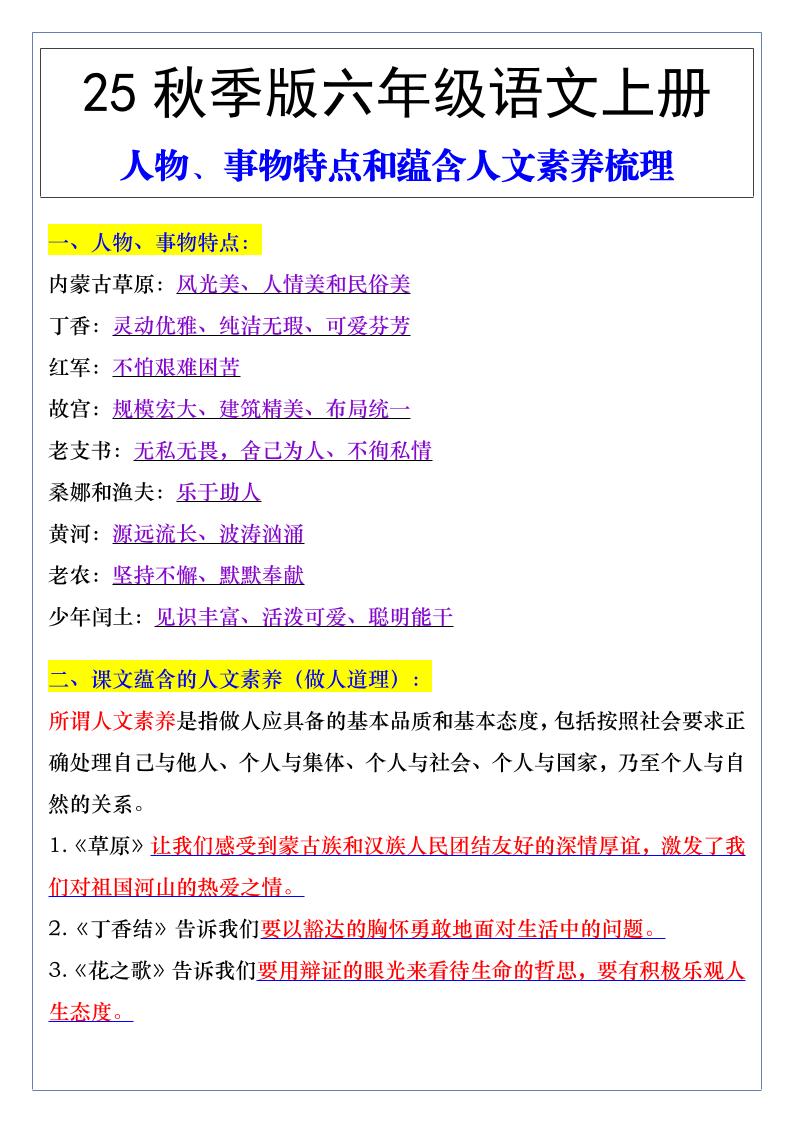 【2025秋新版】六年级语文上册人物、事物特点和蕴含人文素养梳理-shxbox省心宝盒