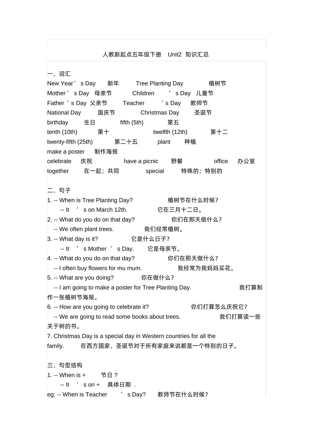 五下人教版一起点英语【期末知识清单汇总】-shxbox省心宝盒