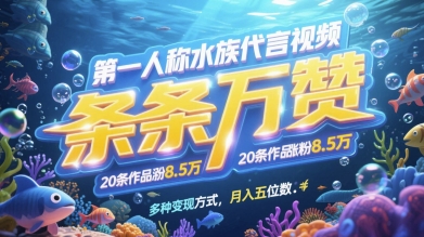 第一人称水族代言视频，条条万赞，20条作品涨粉7.8W，多种变现方式月入五位数-shxbox省心宝盒